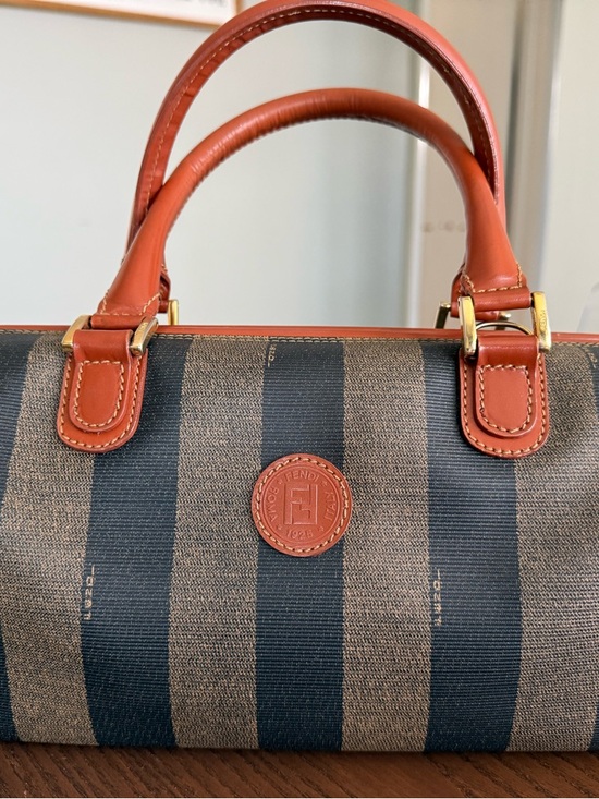 Fendi Handbags - Fendi Brown and Black Striped Canvas Shoulder Bag with Tan Leather Trim